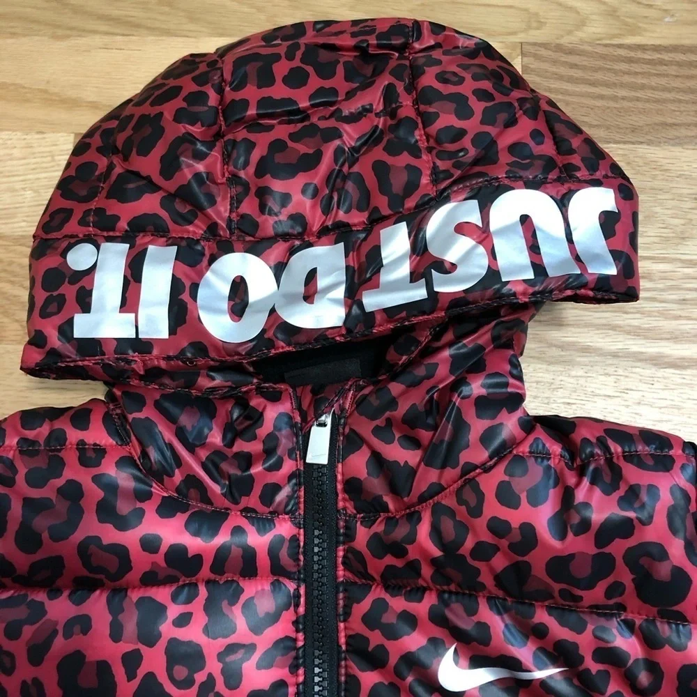 Nike Leopard Puffer Jacket NWT Sz 6 Pink Red Black Kids Girls Hooded Full Zip